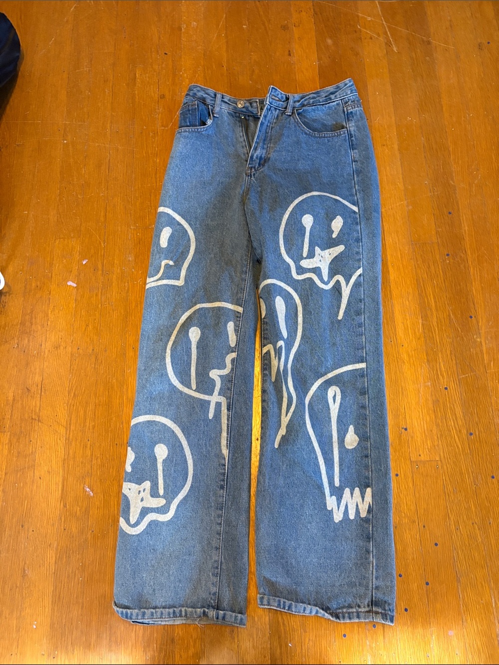 SHEIN Blue Denim Jeans with White Skull Print